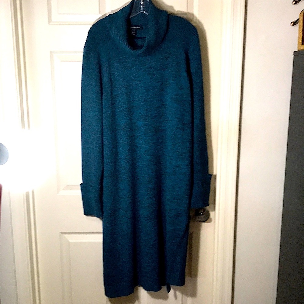 Cowl neck heavy knit sweater dress with ribbed collar, deep cuffs & side panels
